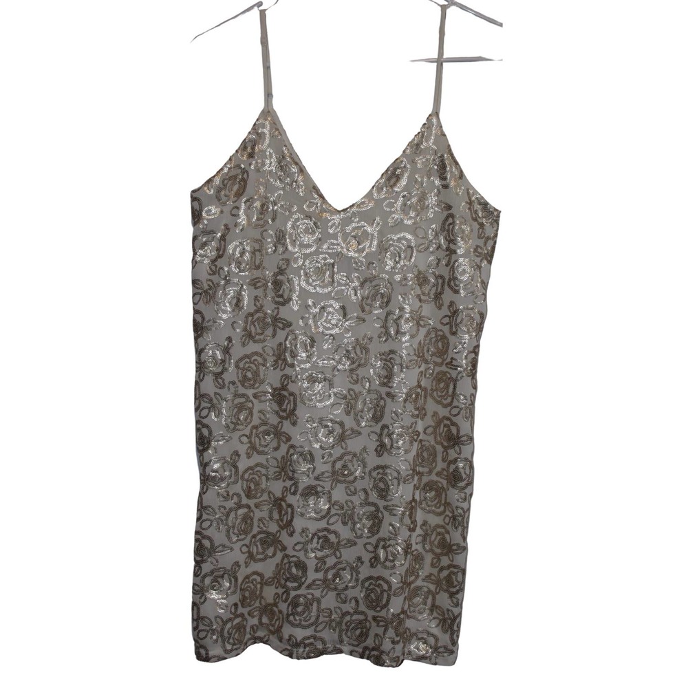 Women's Aqua Cream Gold Sequin Floral V-Neck Spaghetti Strap Mini Dress Size XS